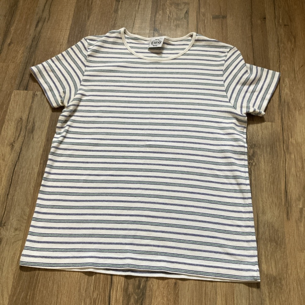 Vintage 90s Striped Tee Womens Small T-shirt Boxy Retro Grunge Classic Y2K White